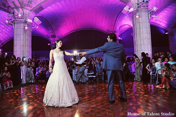 indian-wedding-reception-dance-bride-groom-hot-pink-purple-cream,Lighting