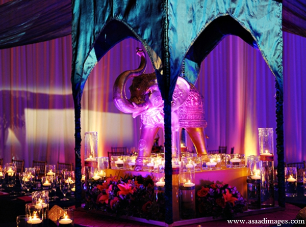 indian wedding reception decor lighting purple