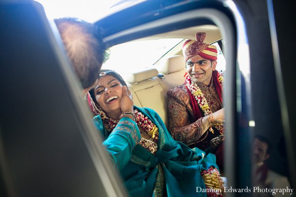 indian wedding portraits groom bride car