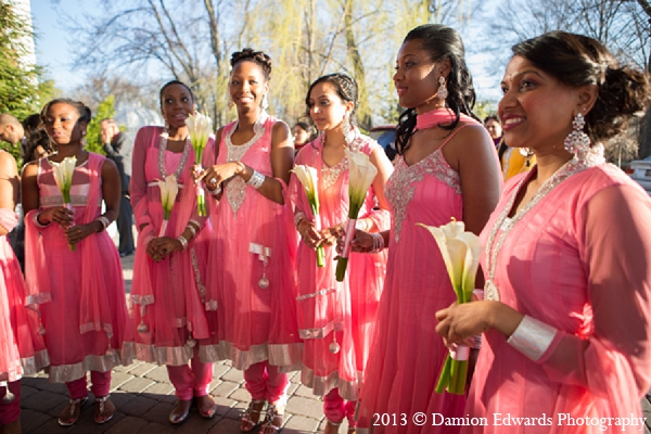 indian wedding bridal party pink suits bridesmaids