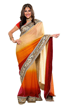 multicolored indian fashion sari orange red cream