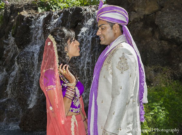 indian wedding portraits bride groom waterfall