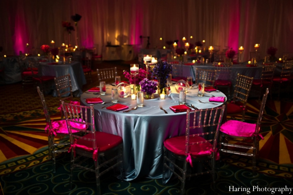 The lighting and table setting at the Indian wedding reception.