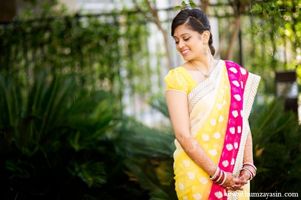 indian wedding bride pithi outfit yellow sari portrait