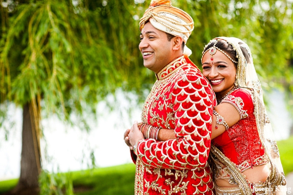 indian wedding bride groom portraits outdoor red lengha fashion