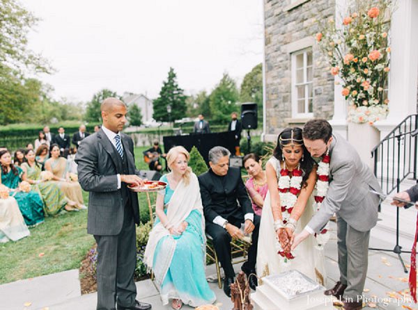 This Indian fusion wedding includes a beautiful outdoor ceremony followed by a fabulous blue and orange-themed reception!