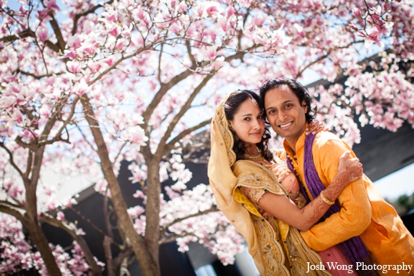 The bride and groom pose for portraits between the Hindu wedding ceremony and Indian wedding reception.