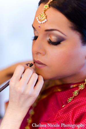 indian wedding bride makeup jewelry red gold eye