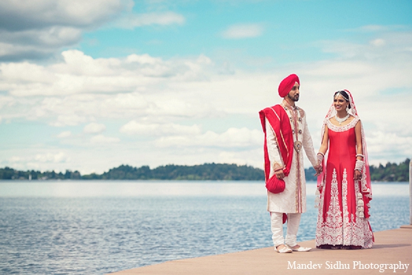 indian wedding portraits bride groom outdoor pier pink lengha