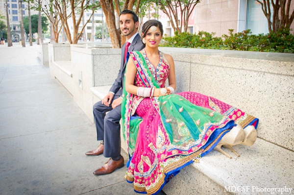 indian wedding reception bride groom portraits colorful lengha