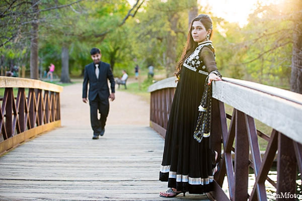 bride groom engagement photos bridge outdoors