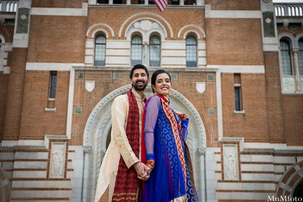 indian wedding bride and groom outside portrait close together