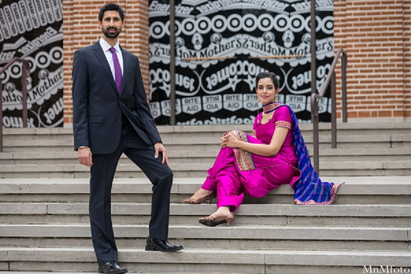 indian wedding bride and groom portrait outside stairs