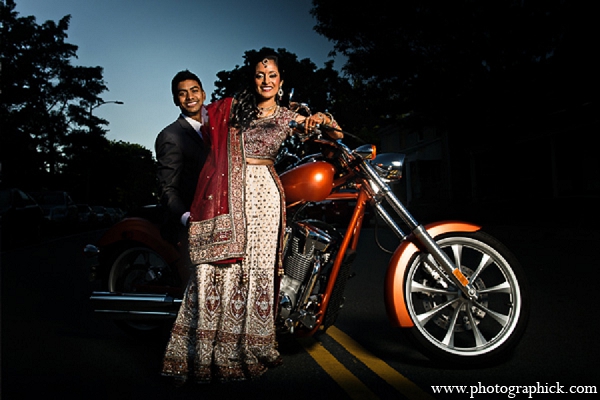 indian wedding portraits bride groom motorcycle