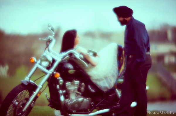 indian wedding engagement session bride groom motorcycle