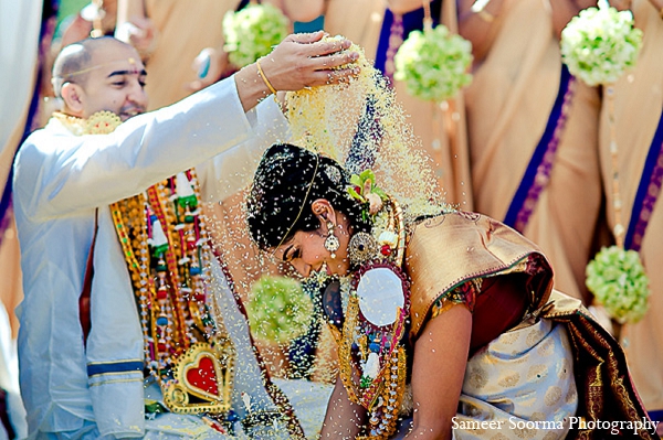 This South Indian bride and groom celebrate their wedding with a touch of elegance.