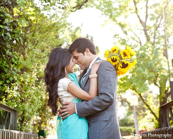 indian engagement portraits blue sari sunflowers