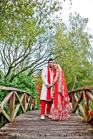 indian wedding portrait bride groom bridge