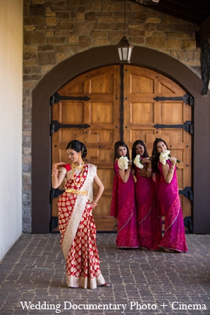 An Indian bride and groom add a touch a class as they wed in a traditional Hindu wedding ceremony. They choose bright and bold colors like red and blue for their wedding fashions.