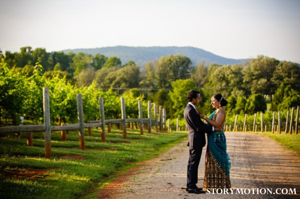 indian bride and groom indian wedding portrait in vineyard.