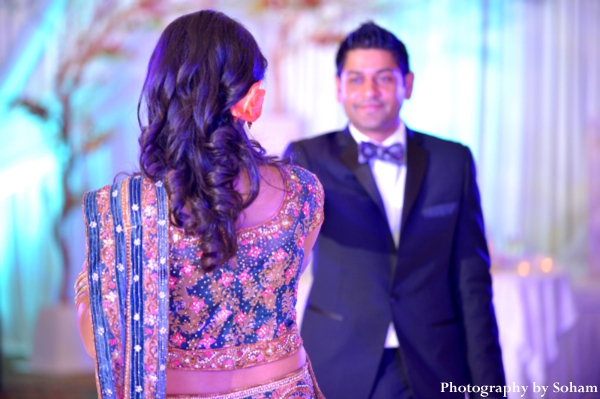 Wedding lengha in blue and orange.