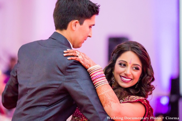 Indian bride and groom at indian wedding reception.