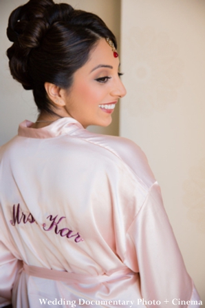 Indian bride in personalized Mrs. robe