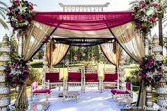 A pink and purple mandap for an outdoor wedding.