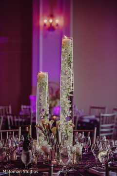 This Indian wedding reception is a beautiful event with lovely decor.