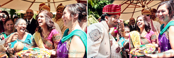 Family greet this Indian groom at his Indian wedding ceremony.