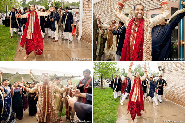 A Indian groom dances in the rain at his baraat.