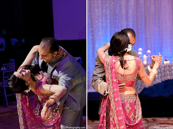 Indian wedding photos capture this Indian bride and groom at their first dance.