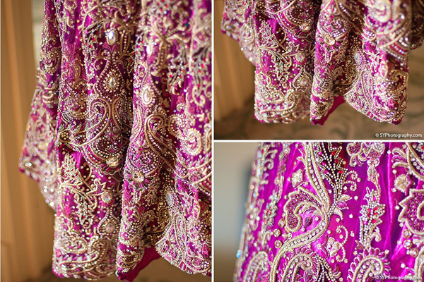Indian wedding photos show a closeup of this detailed purple bridal lengha skirt.