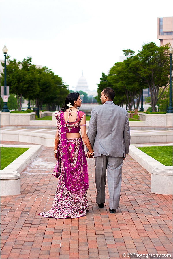 An Indian bride and groom before their Indian wedding reception.