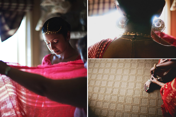 An Indian bride is wrapped in a traditional bridal sari.