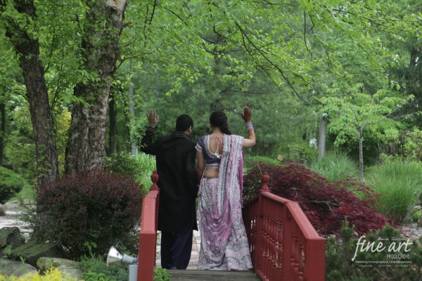 An Indian bride and groom in their Indian wedding portraits.