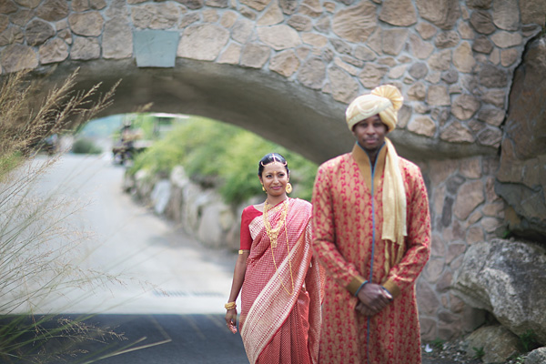 An Indian bride and groom at the first look wedding photos.