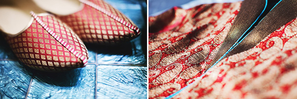 A red and gold traditional Indian wedding outfit for a groom.