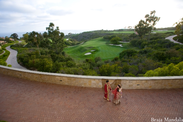 Aerial shot of indian bride and groom at outdoor indian wedding venue.