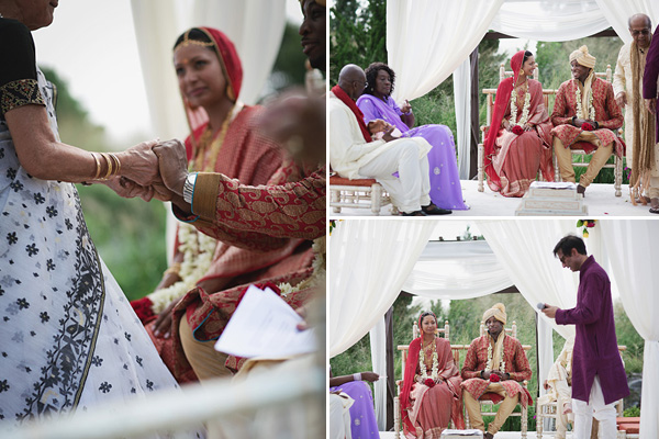 Family sits close by at this outdoor Indian wedding ceremony.