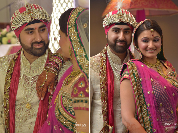 An Indian bride and groom in a bridal lengha and traditional Indian groom outfit.