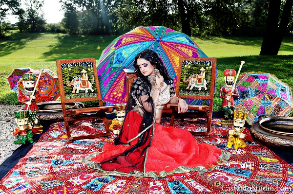 Indian bride in modern lengha for vintage themed photoshoot